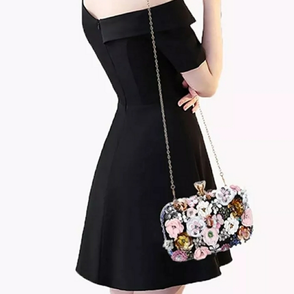 Women's Evening Bag Flower Party Prom Clutch Purse Floral Bride Black Handbag - Picture 4 of 16